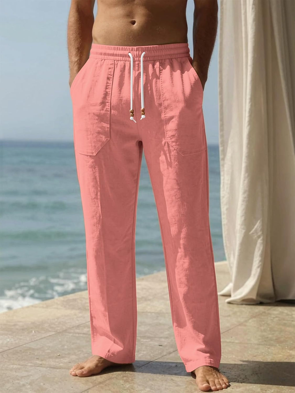 Riskrole men's cotton linen drawstring pants - Flamingo view 2
