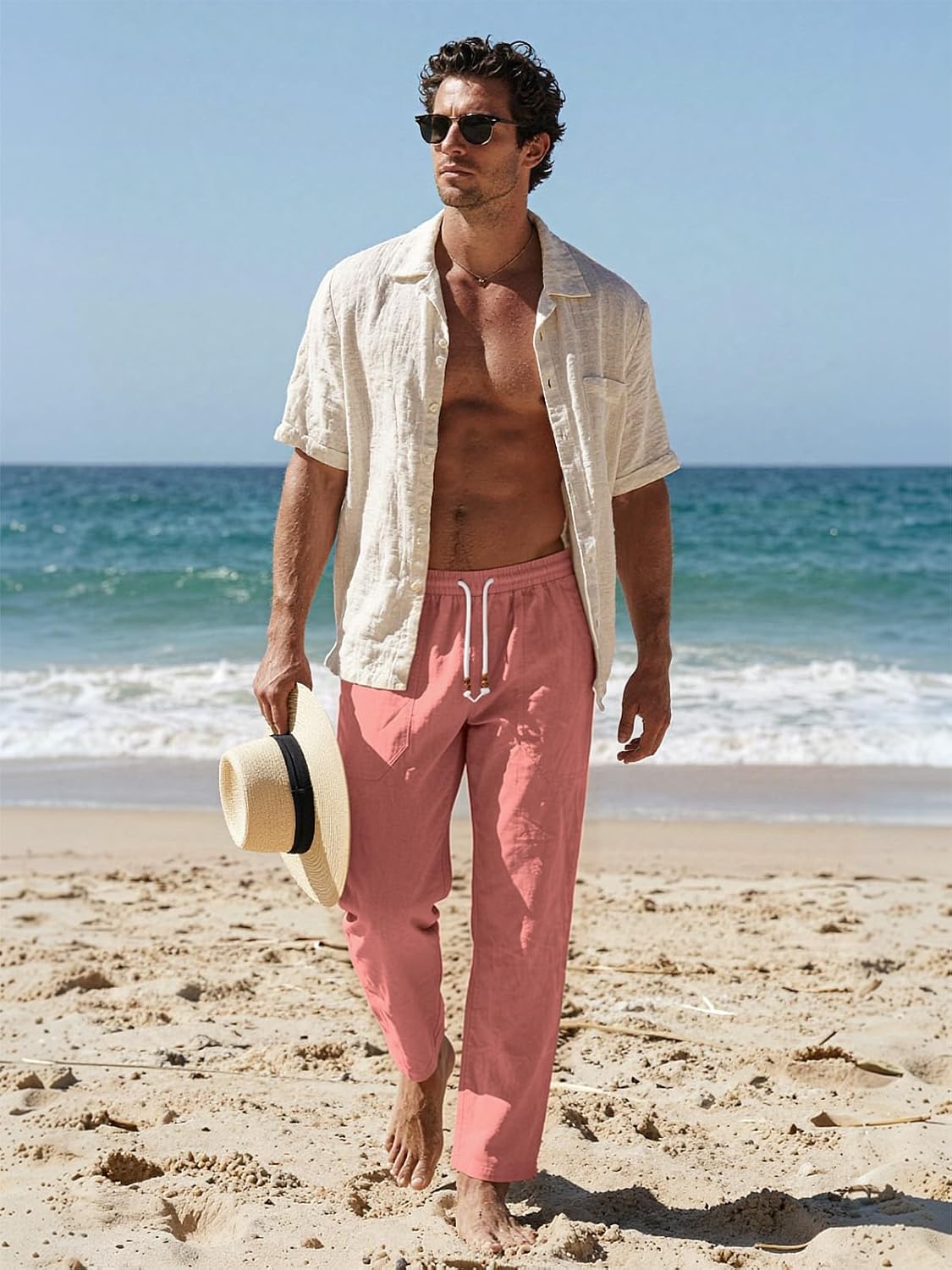 Riskrole men's cotton linen drawstring pants - Flamingo view 3
