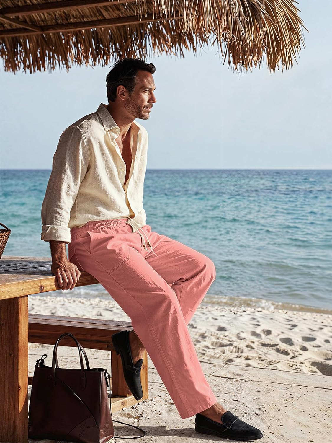 Riskrole men's cotton linen drawstring pants - Flamingo view 4