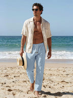 Riskrole men's cotton linen drawstring pants - Light Blue view 3