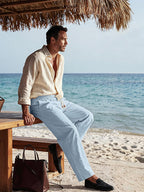 Riskrole men's cotton linen drawstring pants - Light Blue view 4