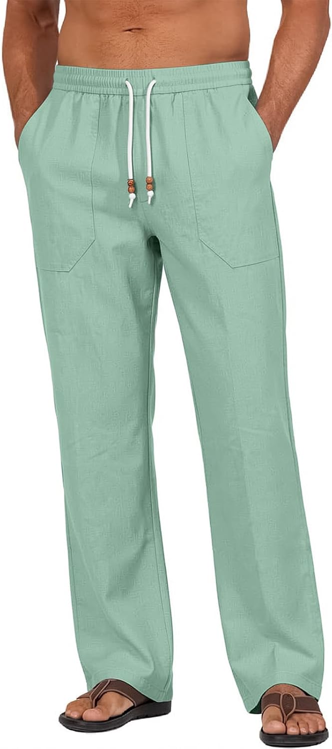 Riskrole men's cotton linen drawstring pants - Light Green (main)