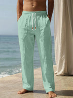 Riskrole men's cotton linen drawstring pants - Light Green view 2