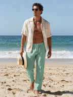 Riskrole men's cotton linen drawstring pants - Light Green view 3