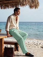 Riskrole men's cotton linen drawstring pants - Light Green view 4