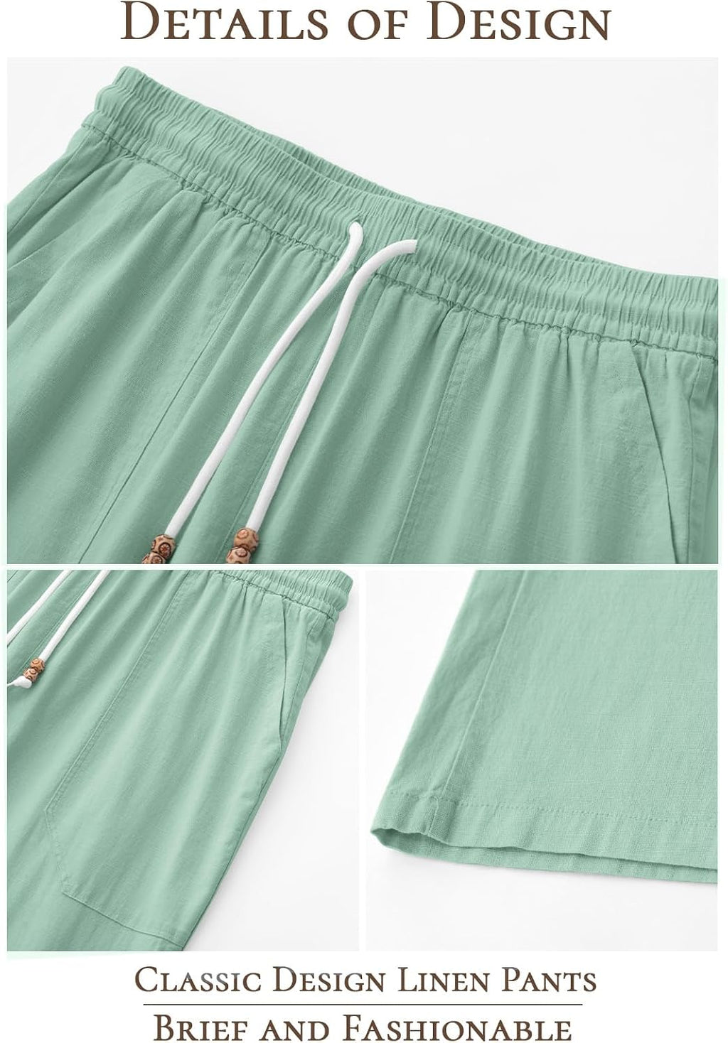 Riskrole men's cotton linen drawstring pants - Light Green view 5