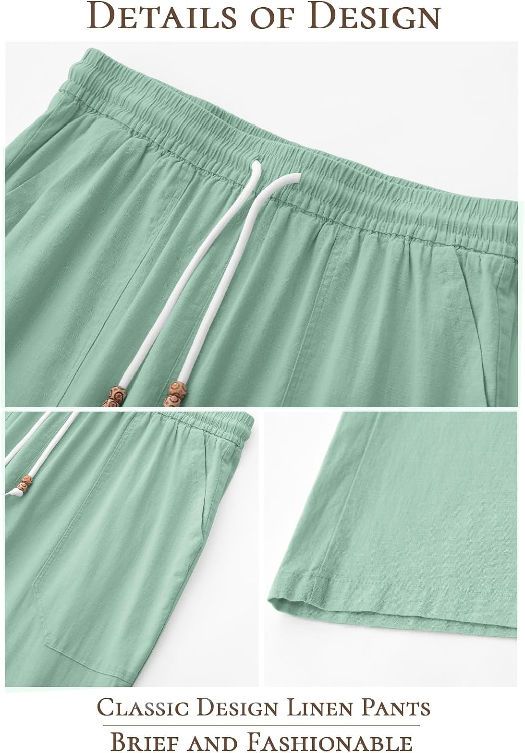 Riskrole men's cotton linen drawstring pants - Light Green view 5