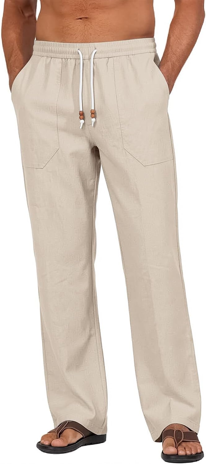 Riskrole men's cotton linen drawstring pants - Light Khaki (main)