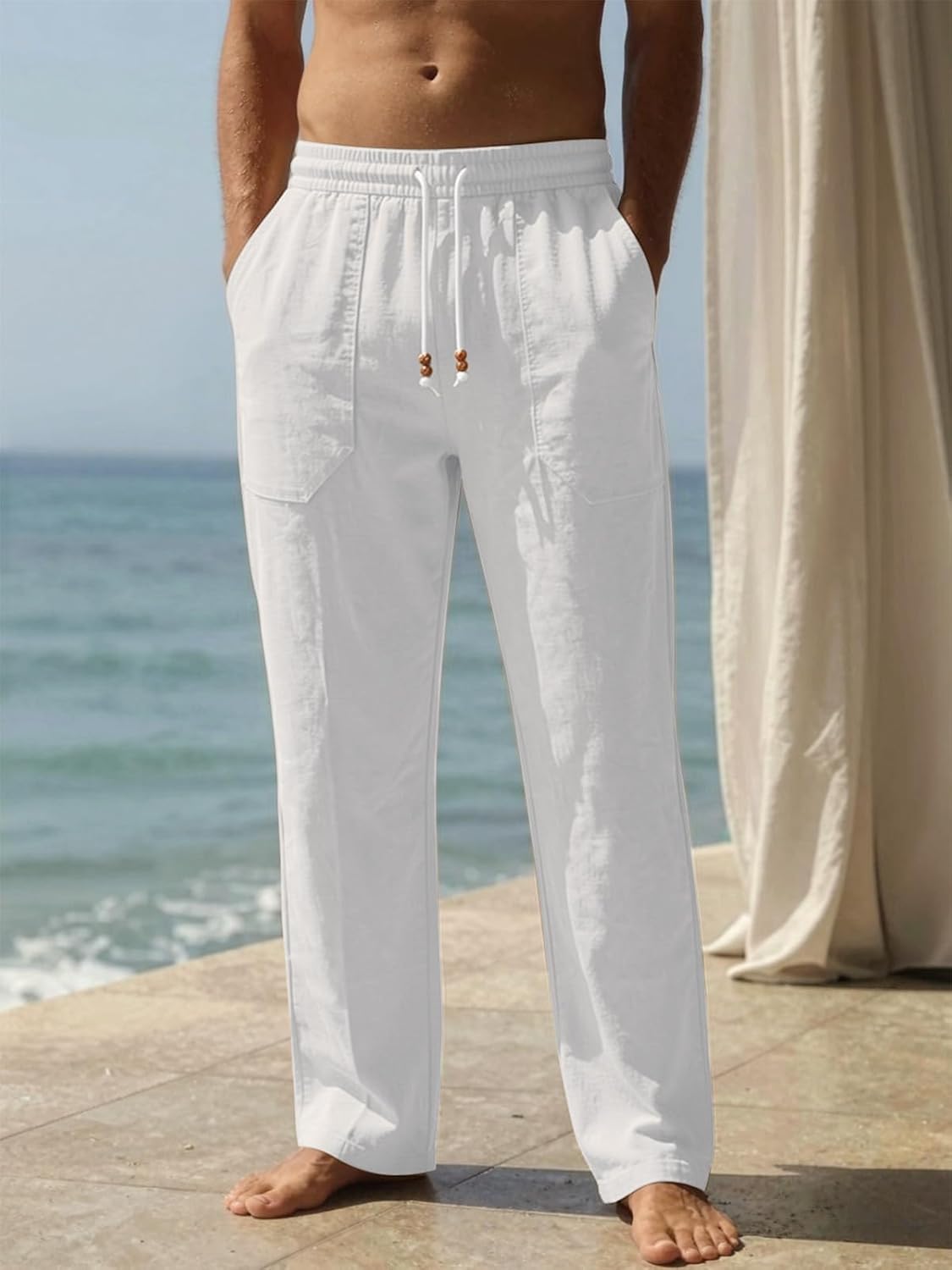Riskrole men's cotton linen drawstring pants - White view 2