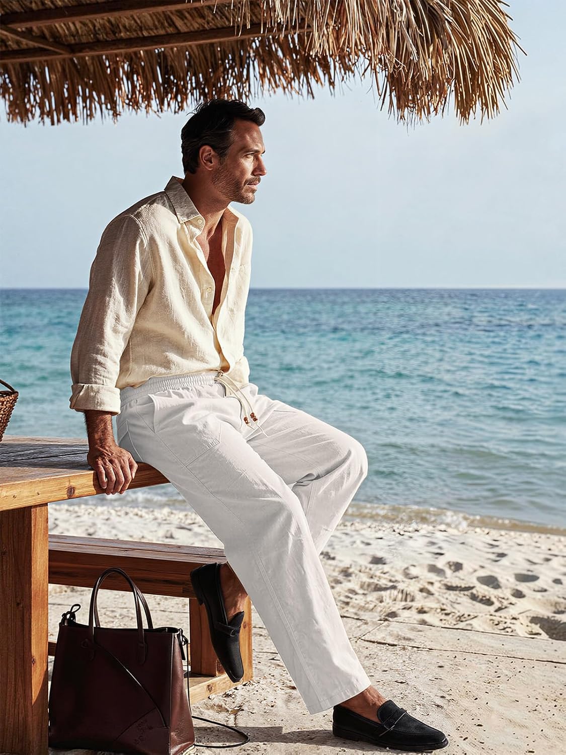 Riskrole men's cotton linen drawstring pants - White view 4