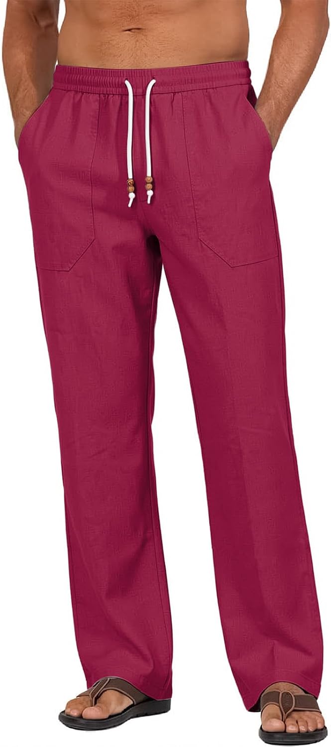 Riskrole men's cotton linen drawstring pants - Wine Red (main)