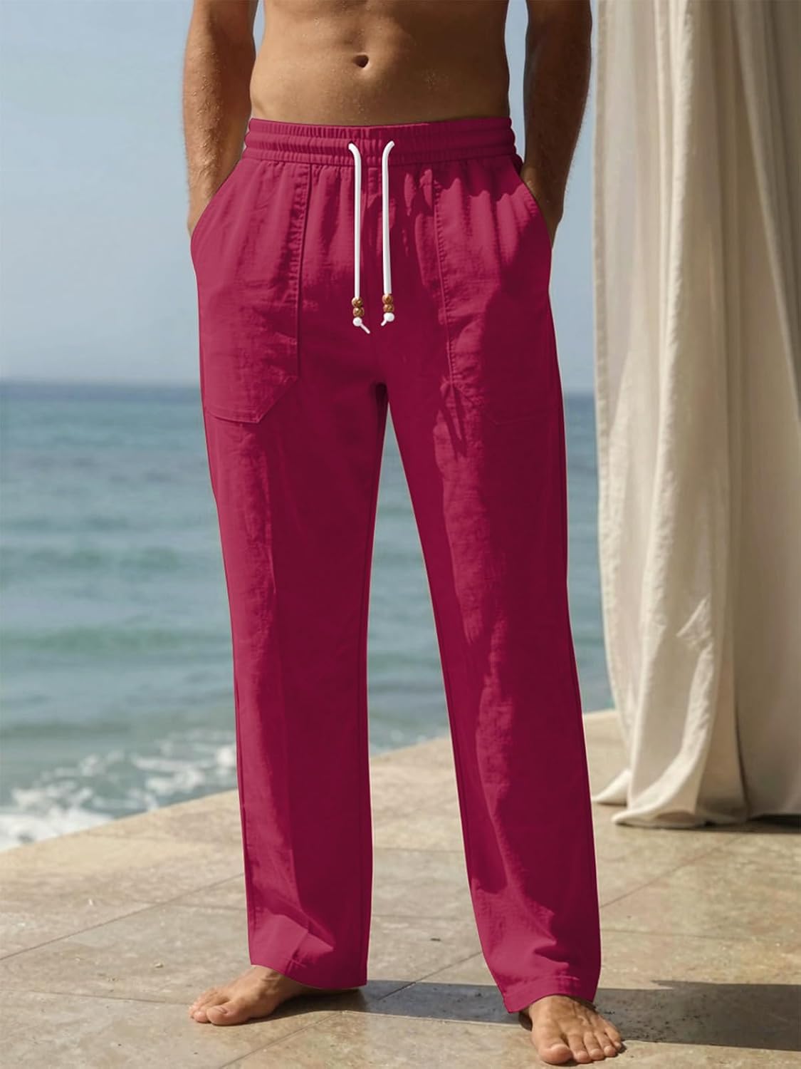 Riskrole men's cotton linen drawstring pants - Wine Red view 2
