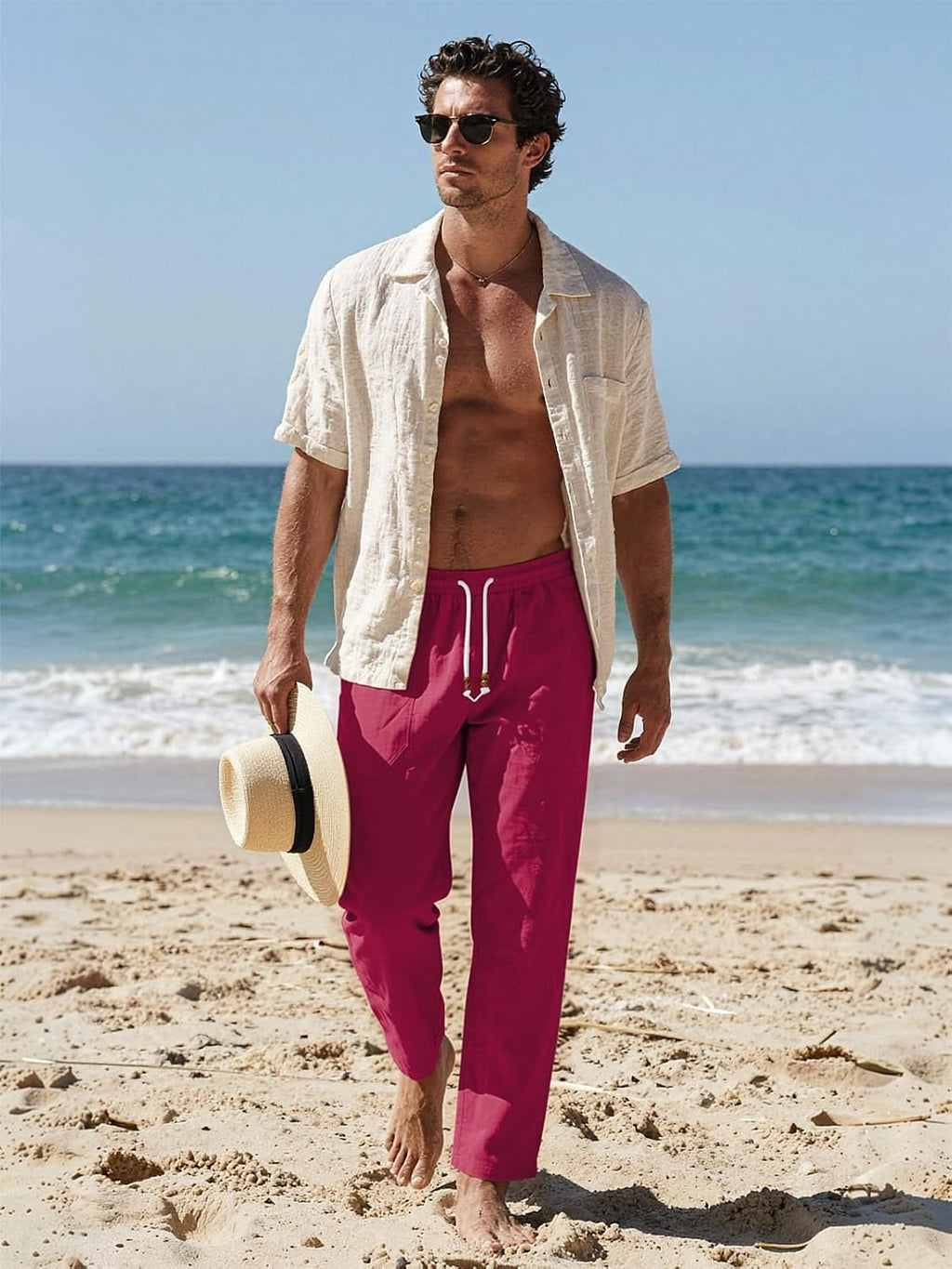 Riskrole men's cotton linen drawstring pants - Wine Red view 3