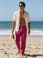 Riskrole men's cotton linen drawstring pants - Wine Red view 3