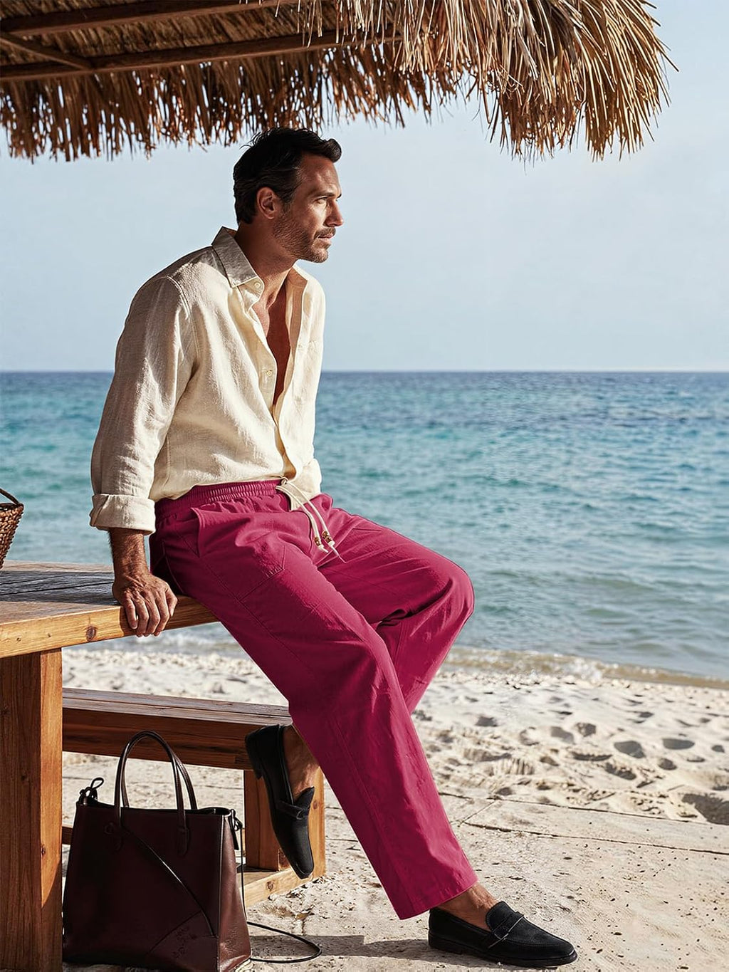 Riskrole men's cotton linen drawstring pants - Wine Red view 4