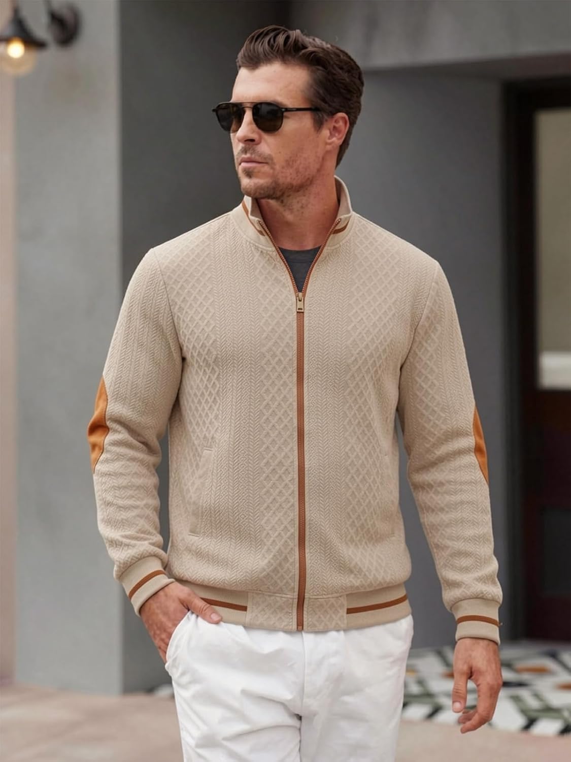 Riskrole men's lightweight jacquard varsity jacket - Khaki view 3