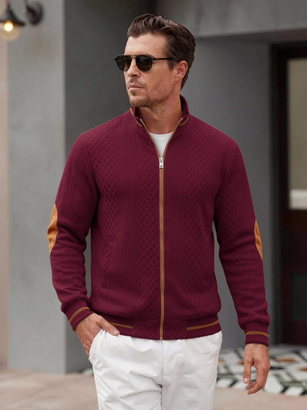 Riskrole men's lightweight jacquard varsity jacket - Wine Red view 3